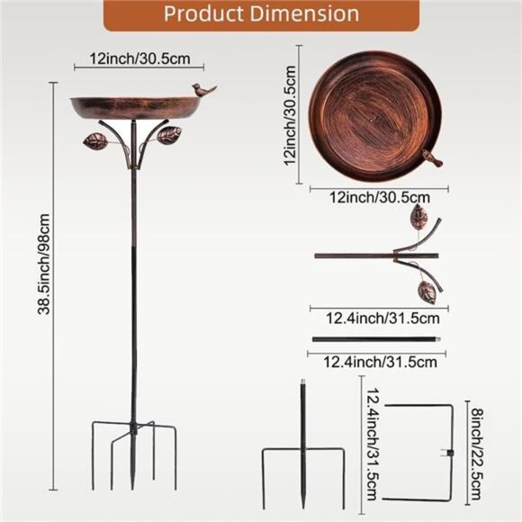 Garden Metal Bird Bath 12" Bird Bath Bowl with 5 Prongs Base Stake - Picture 3 of 7